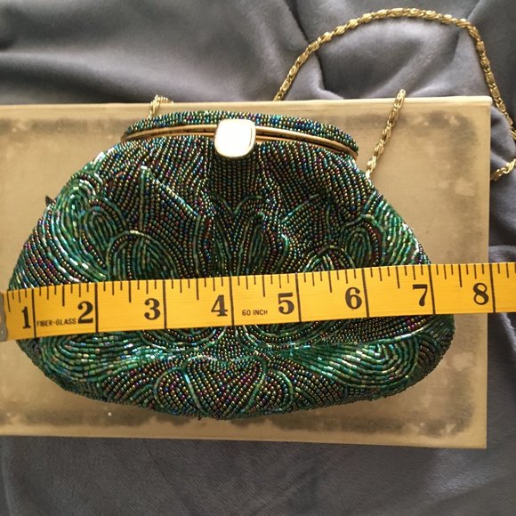 VINTAGE Green Beaded Mini Bag Shoulder Crossbody Clutch Convertible - Picture 12 of 16